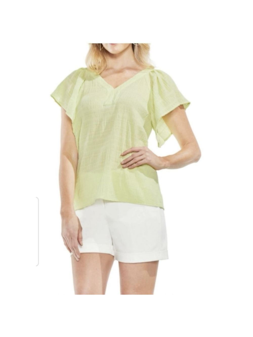Vince Camuto Blouse Womens Large Yellow Flutter Sleeve V Neck Sheer Gauze Top